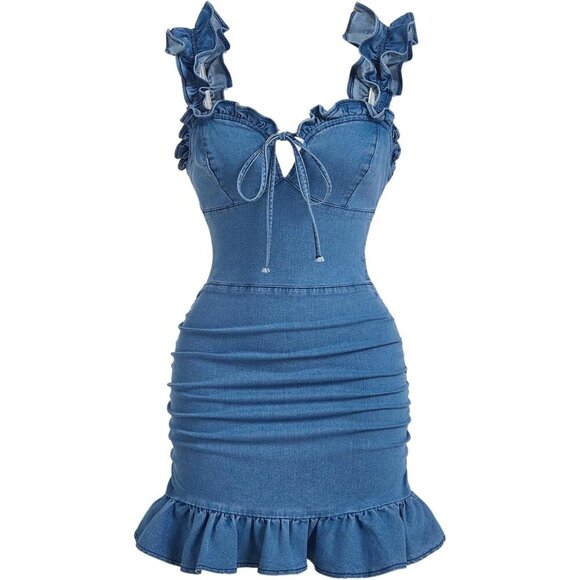 Dresses & Skirts - Women's Denim Dress Lightweight Ruffled Mini Sleeveless Bodycon Casual